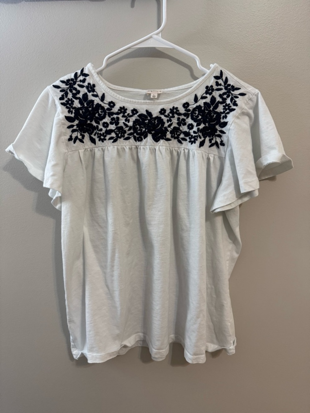 Embroidered Yoke Flutter Sleeve Top - Off White with Black Floral